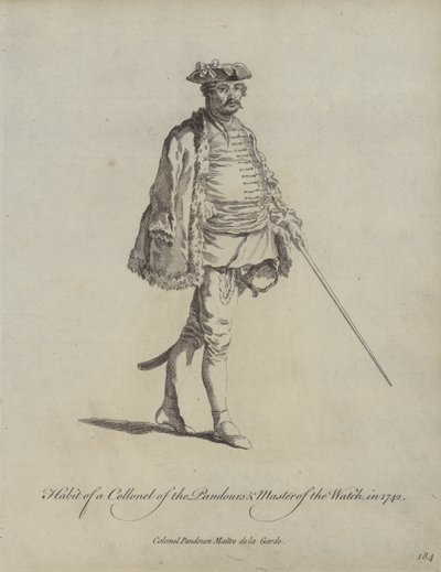 Hábito de un coronel de los Pandours y maestro de la guardia en 1742 de English School